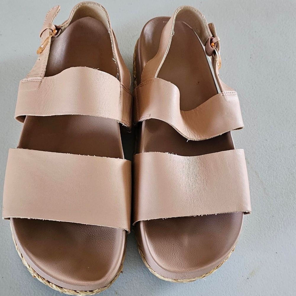Tan Leather Espadrille Platform Sandals Slingback Buckle Two Strap Shoes